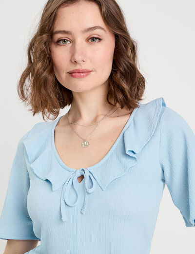 Blouse noeud et volants bleu ciel femme