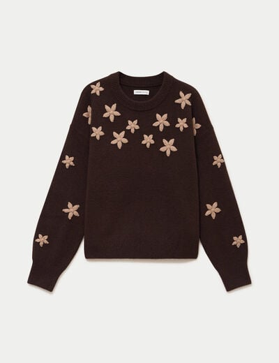 Pull oversize brod&eacute; manches longues marron fonc&eacute; femme