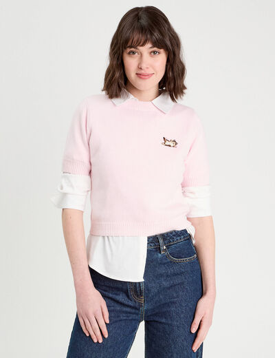 Pull manches courtes rose clair femme
