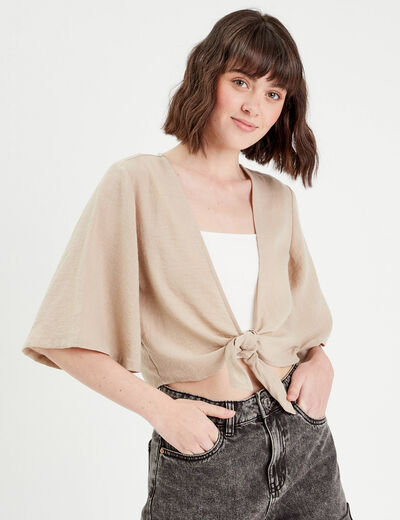 Blouse manches 3/4 nouée beige femme