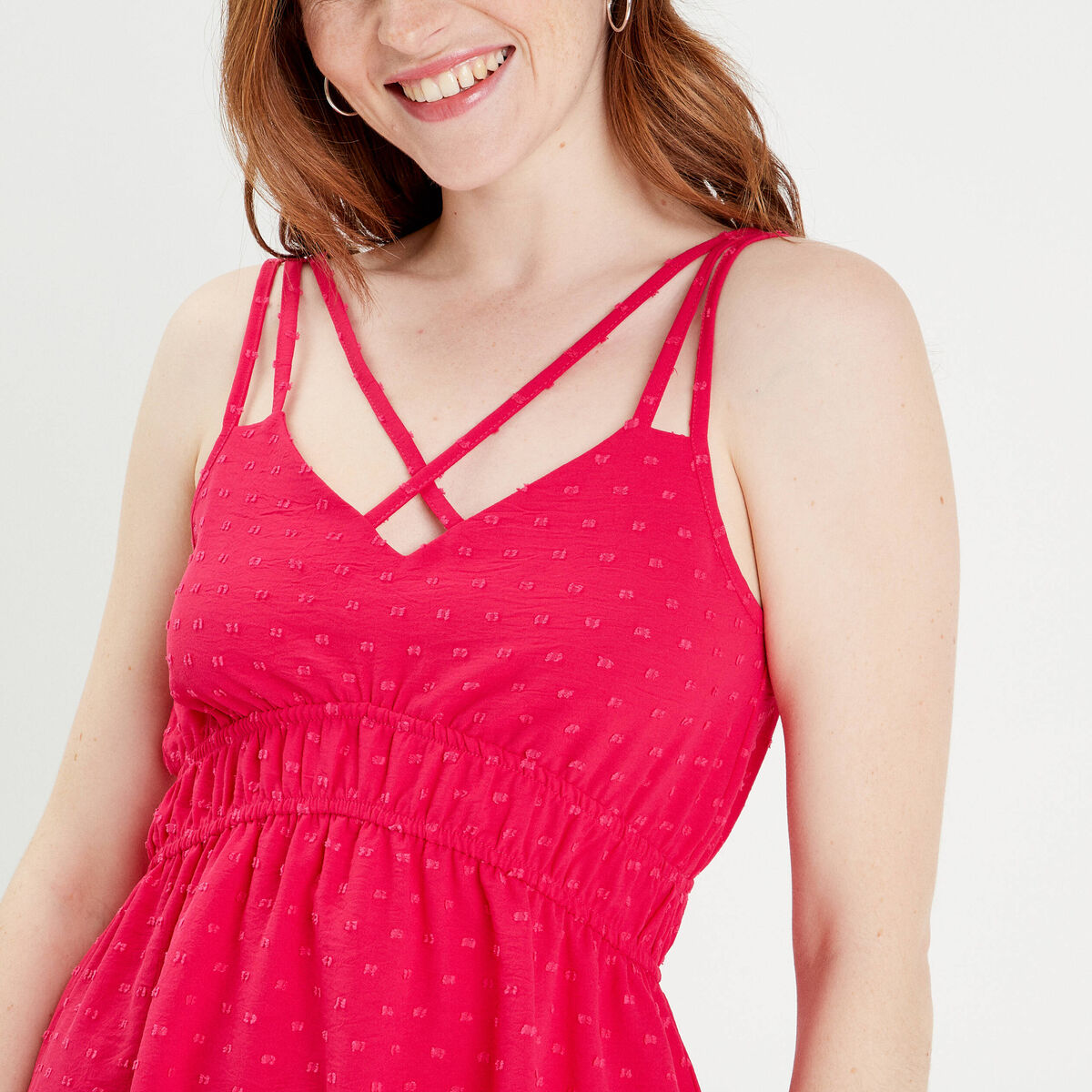 Robe évasée fluide plumetis rose fushia femme