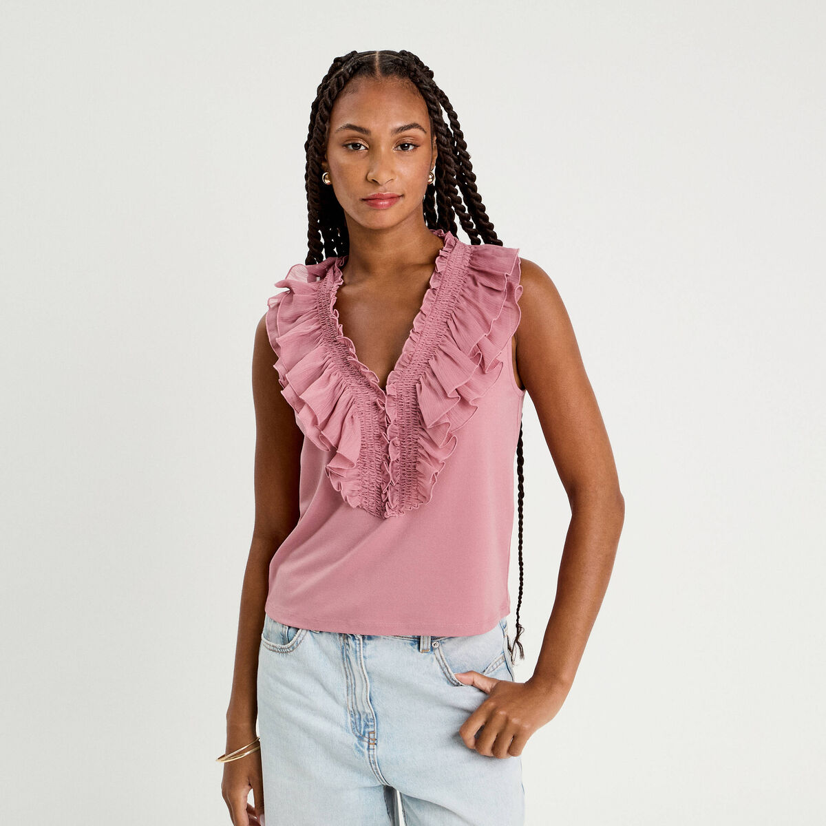 Débardeur sans manches volants vieux rose femme