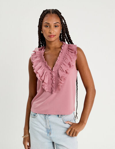 Débardeur sans manches volants vieux rose femme