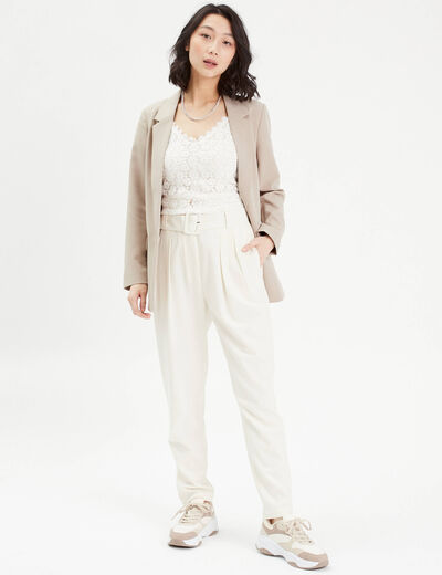 Pantalon cigarette ceinturé ecru femme