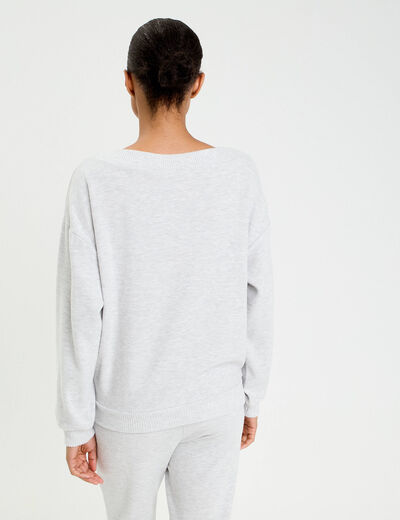Sweat duveteux col rond manches longues gris clair femme