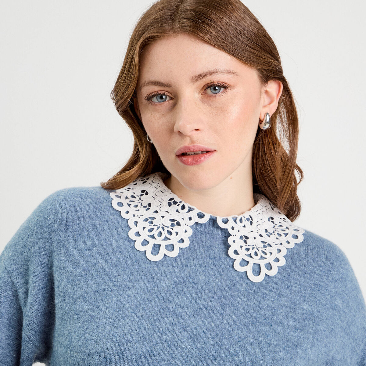 Pull col claudine dentelle bleu femme