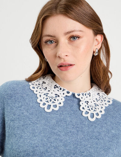 Pull col claudine dentelle bleu femme