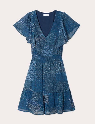 Robe évasée taille smockée bleu foncé femme