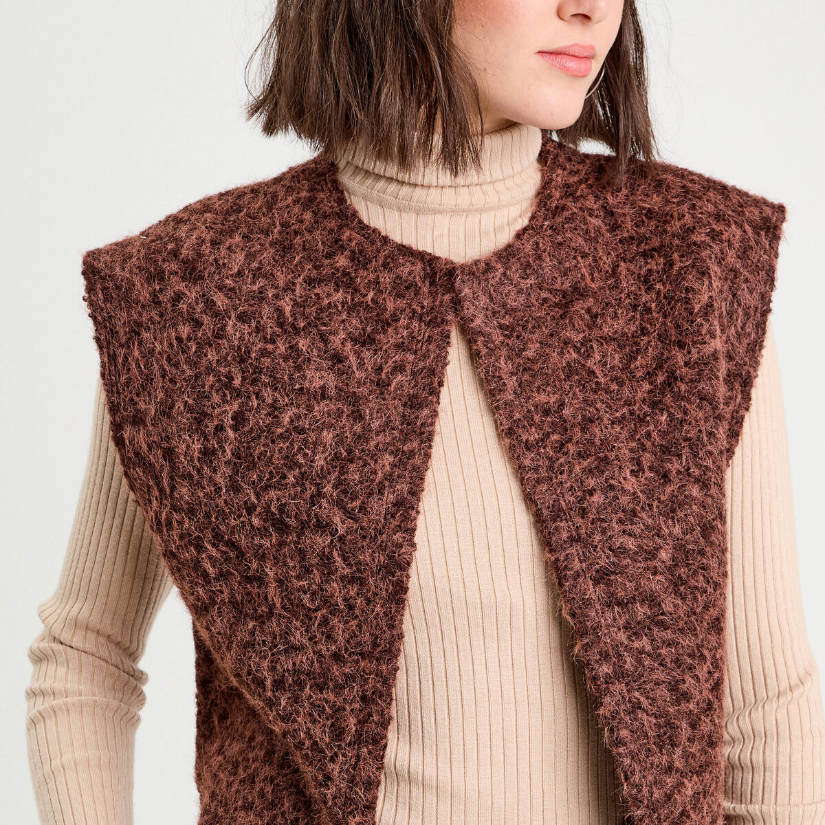 Gilet fausse fourrure marron foncé femme