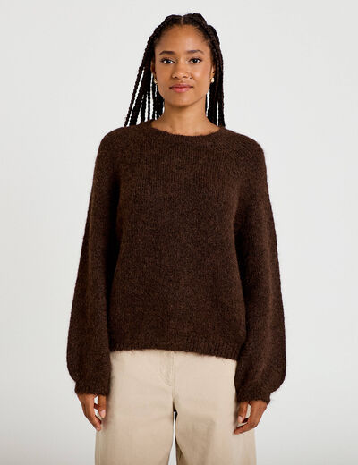 Pull ample col rond manches longues marron fonc&eacute; femme