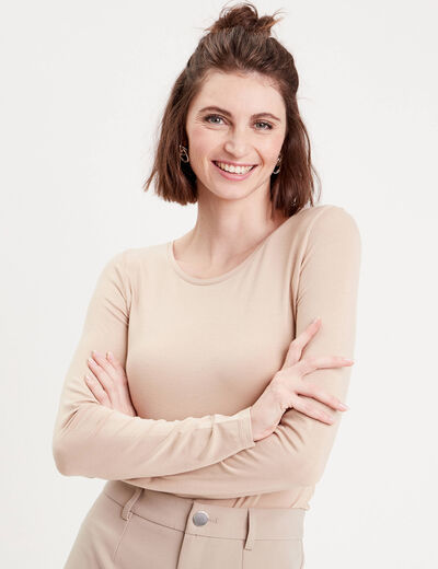 T-shirt uni à manches longues sable femme