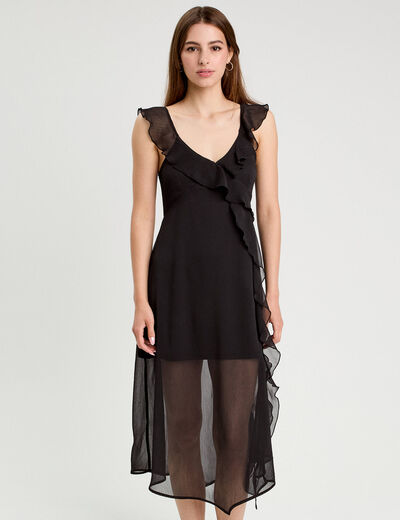 Robe longue évasée volants noir femme
