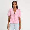 Blouse manches courtes noeuds rose poudrée femme