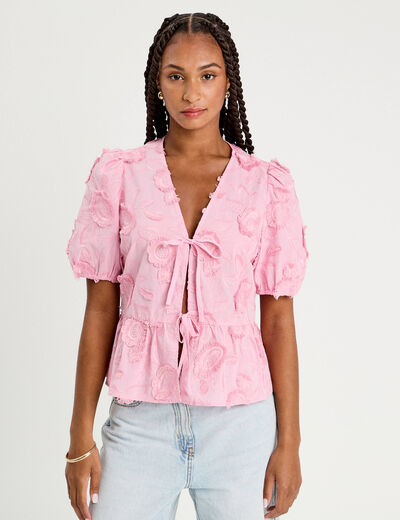 Blouse manches courtes noeuds rose poudrée femme