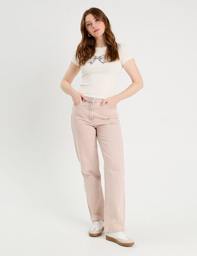 Jeans straight taille haute rose clair femme