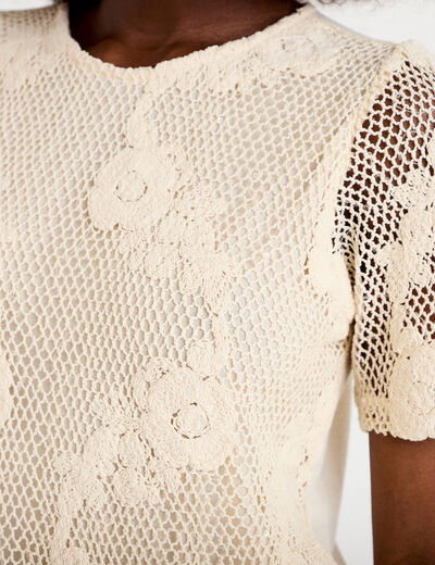 T-shirt manches courtes aspect dentelle ecru femme
