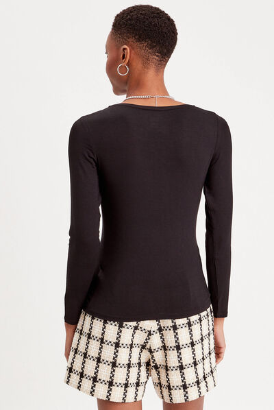 T-shirt uni à manches longues noir femme