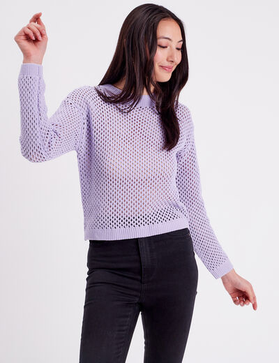 Pull ajouré col rond parme femme