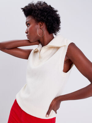 Pull debardeur avec col zippe ecru femme