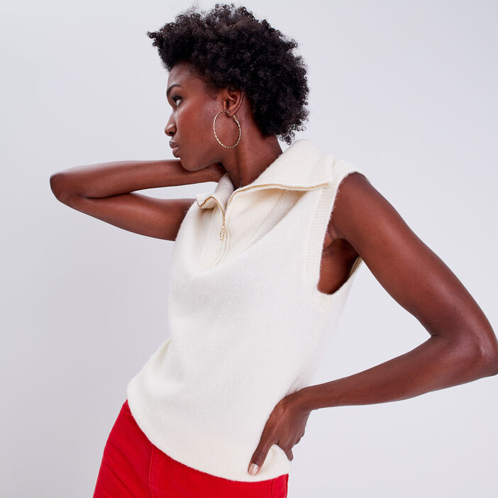 Pull débardeur avec col zippé ecru femme