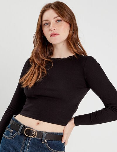 T-shirt cropped côtelé noir femme