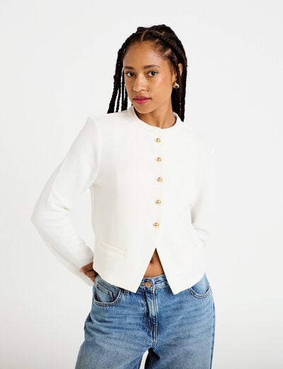 Gilet tweed droit cropped col rond ecru femme