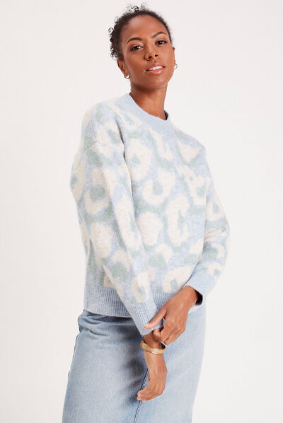 Pull manches longues col rond bleu pastel femme