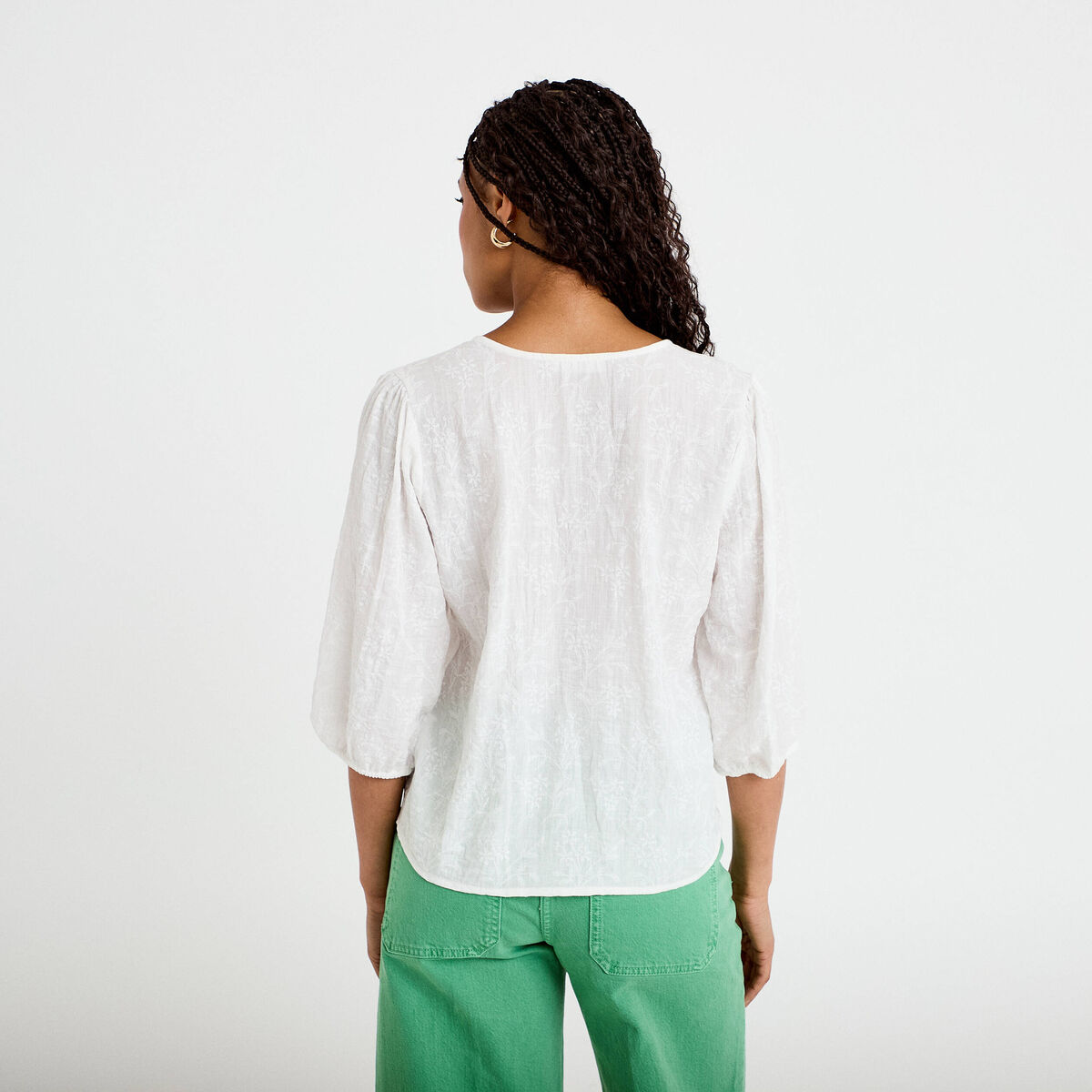 Blouse droite pliss&eacute;e manches 3/4 blanc femme