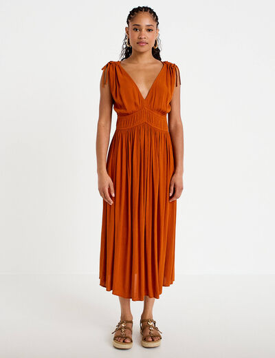 Robe midi &eacute;vas&eacute;e d&eacute;collet&eacute; sans manches orange fonc&eacute; femme