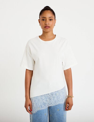 T-shirt oversize longue dentelle ecru femme