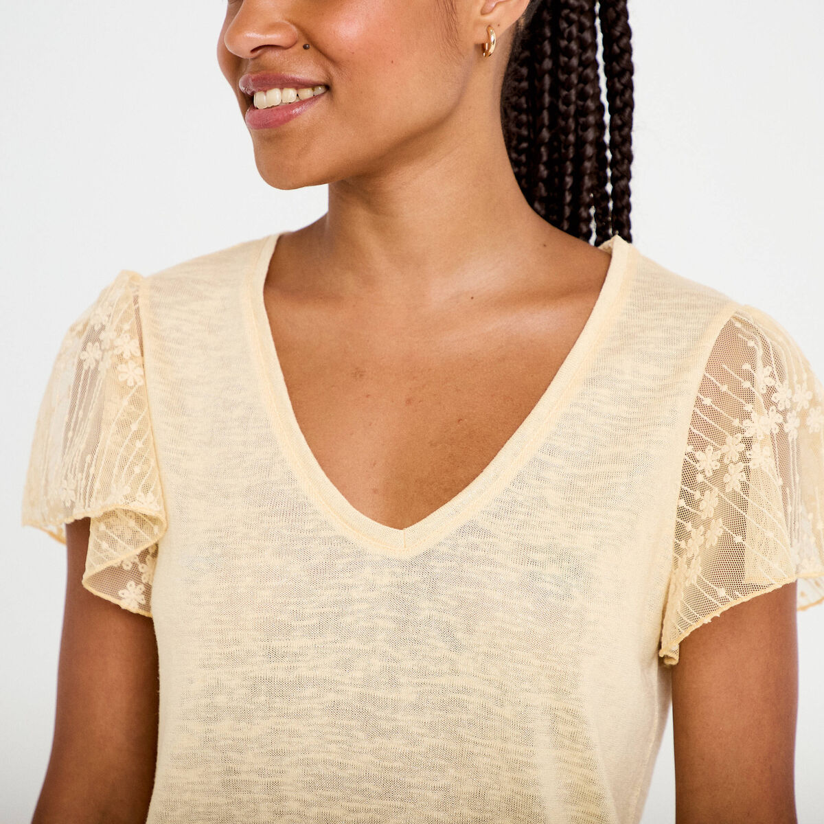 T-shirt manches dentelle sable femme