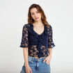 Blouse dentelle &agrave; volants bleu marine femme