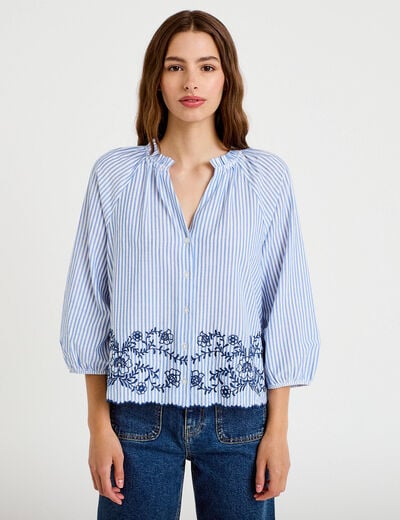 Blouse col v manches 3/4 brod&eacute;e bleu marine femme