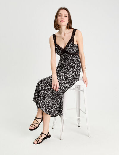 Robe longue évasée noir femme