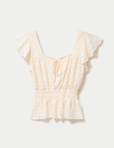 Blouse ajour&eacute;e col carr&eacute; manches courtes ecru femme