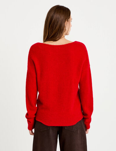 Pull avec col en V rouge femme