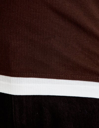 T-shirt 2-en-1 col rond manches longues marron fonc&eacute; femme