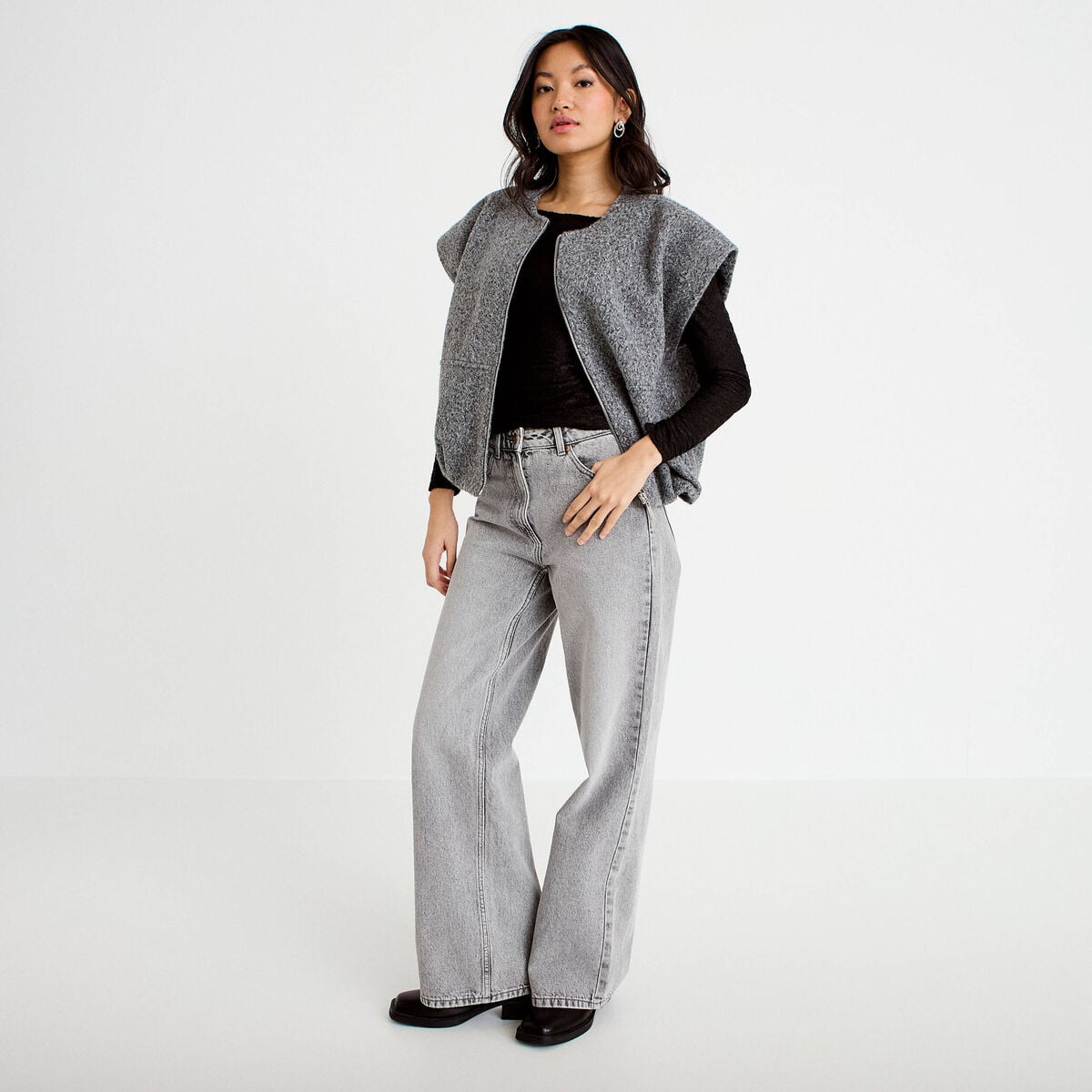 Gilet oversize sans manches col rond gris clair femme