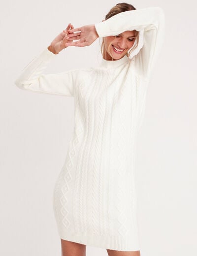 Robe pull droite torsades ecru femme
