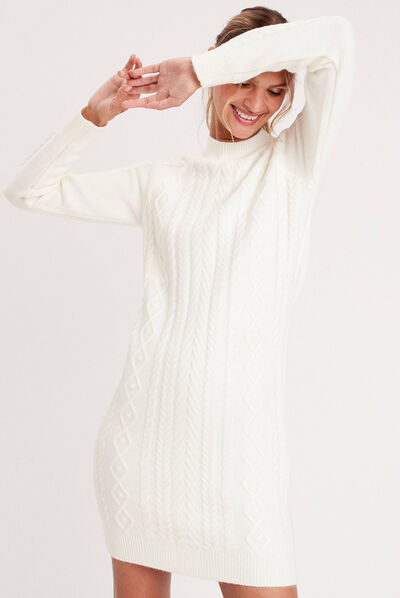 Robe pull droite torsades ecru femme