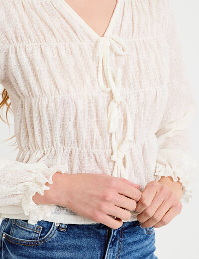 Blouse ajust&eacute;e col v dentelle pliss&eacute;e ecru femme