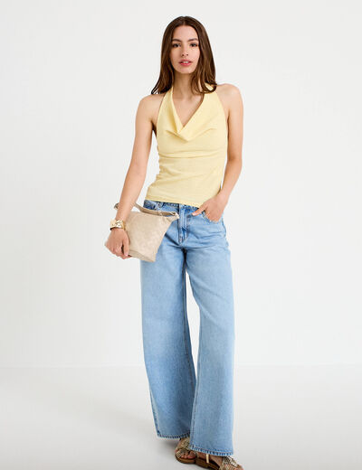 Top ajust&eacute; sans manches col b&eacute;nitier jaune pastel femme