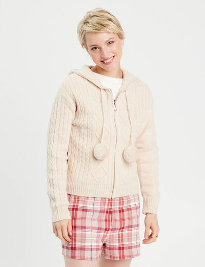 Gilet à capuche pompons beige femme