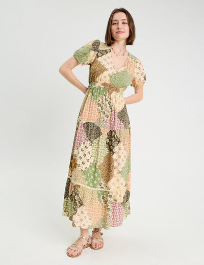 Robe longue évasée beige femme