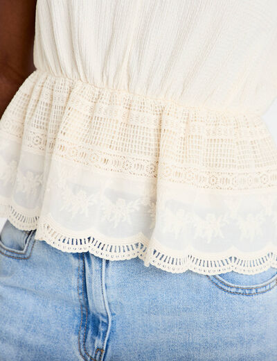 Blouse droite col v manches courtes ecru femme
