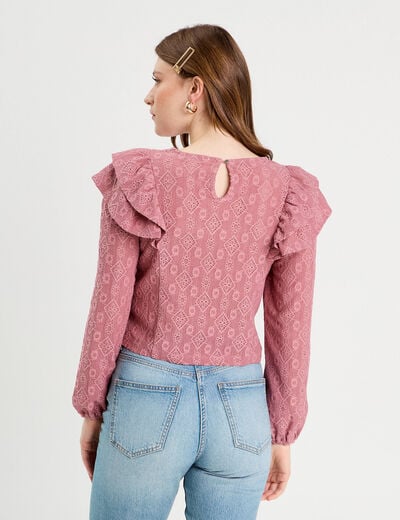 Blouse brodée avec volants vieux rose femme