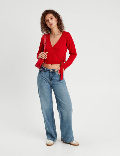 Gilet col cache-coeur noué rouge femme
