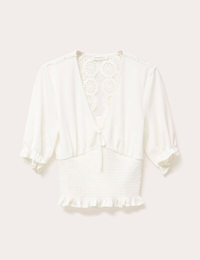 Blouse manches courtes smockée blanc femme