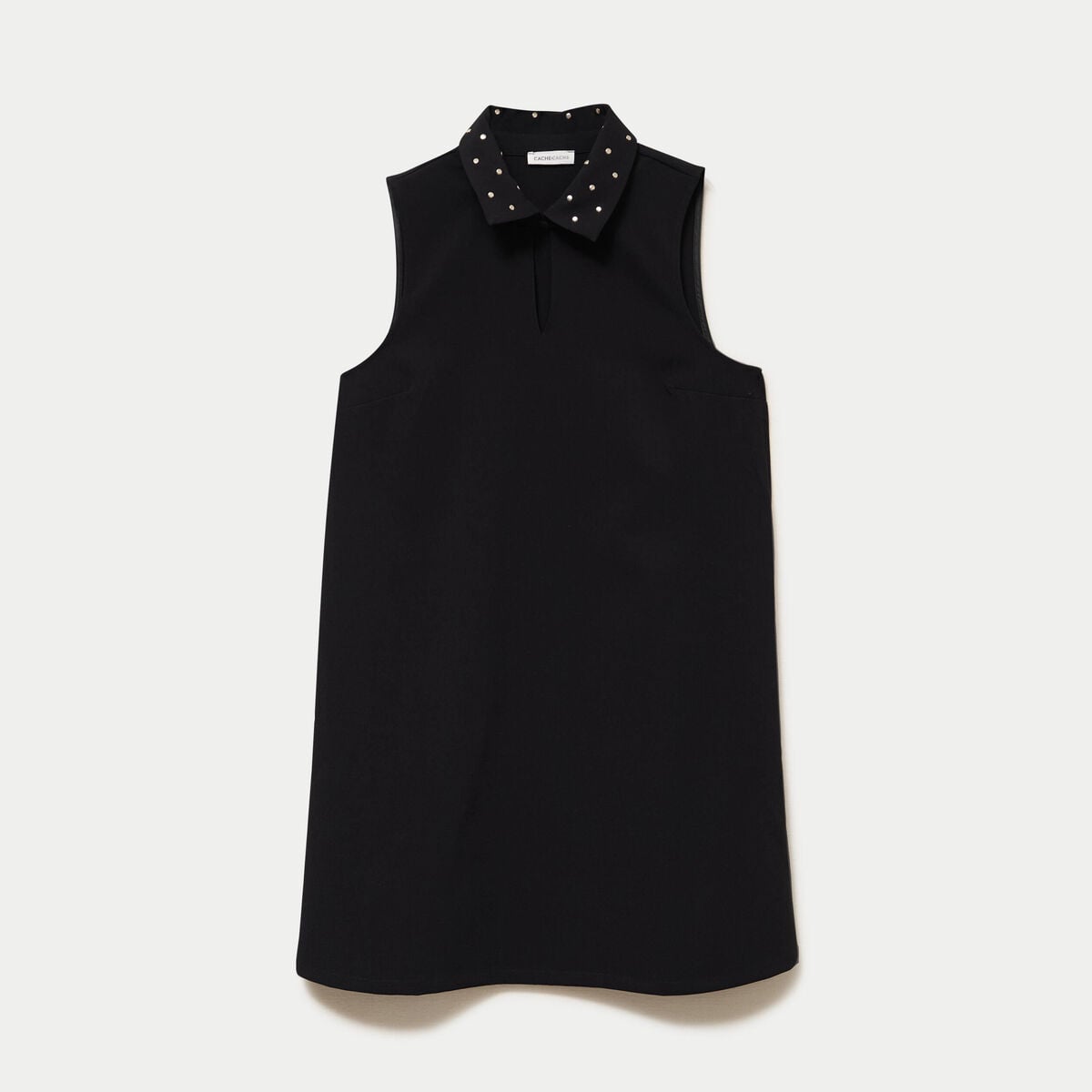 Robe droite courte col chemise clout&eacute;e noir femme