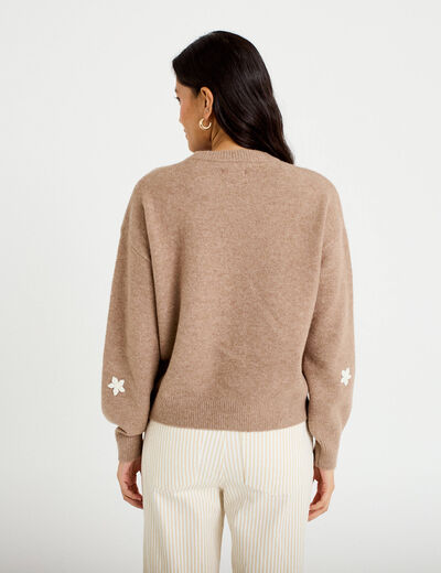 Pull oversize brod&eacute; manches longues beige femme